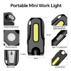 Bærbar multifunktionel Type-C Charging Power COB Mini-arbejdslampe